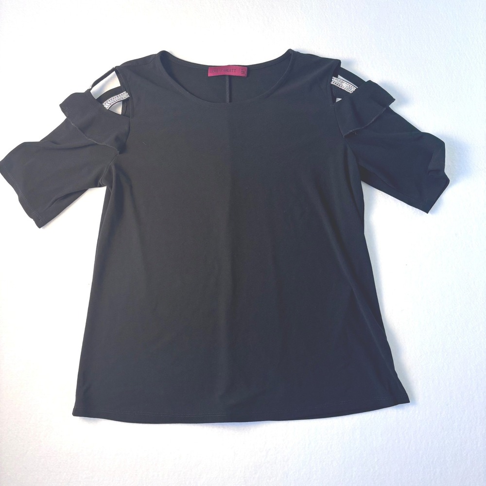 Scarlett‎ Black Cold Shoulder Rhinestone Bling Cutout Sleeve Top Women's Medium